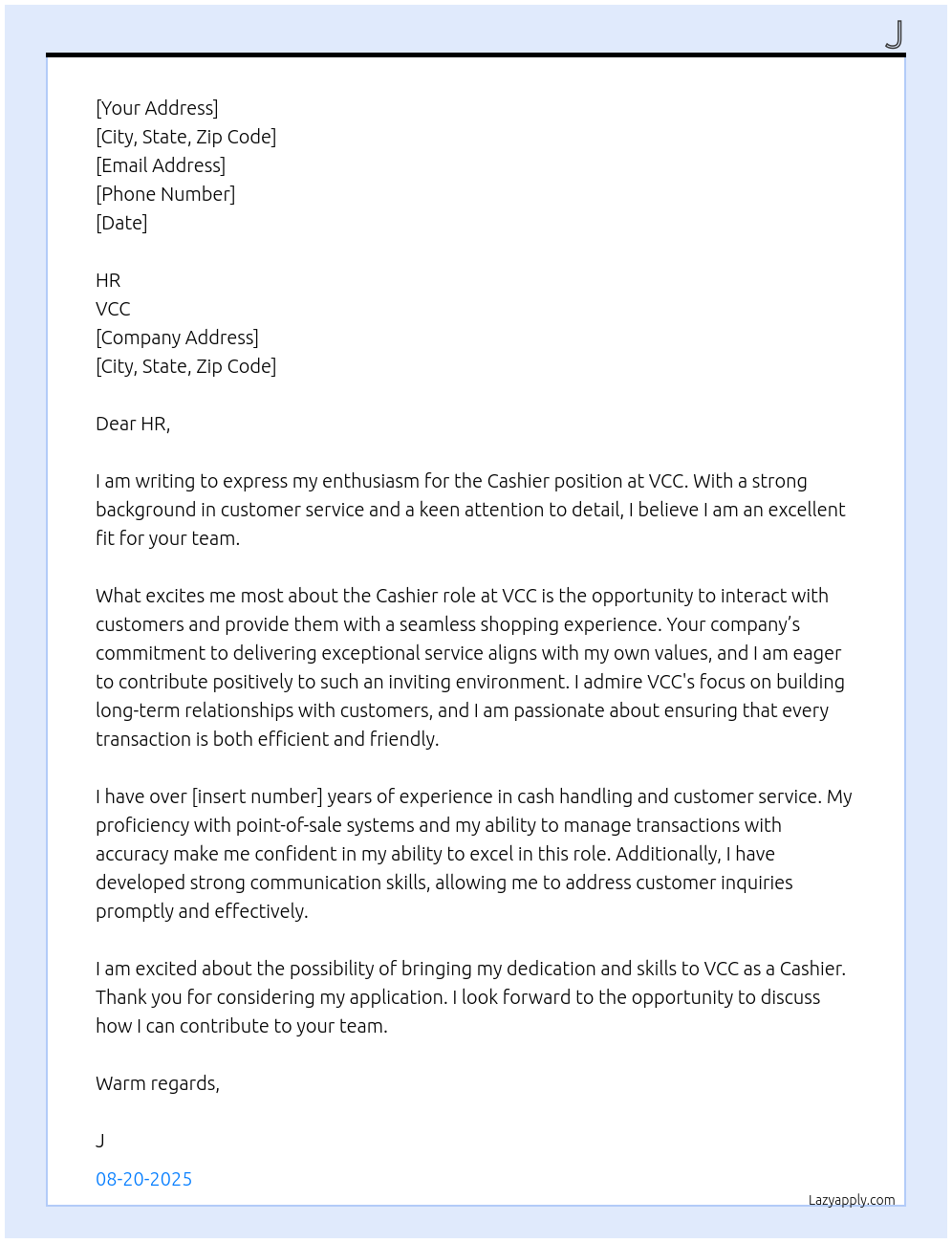 Cashier At VCC Cover Letter