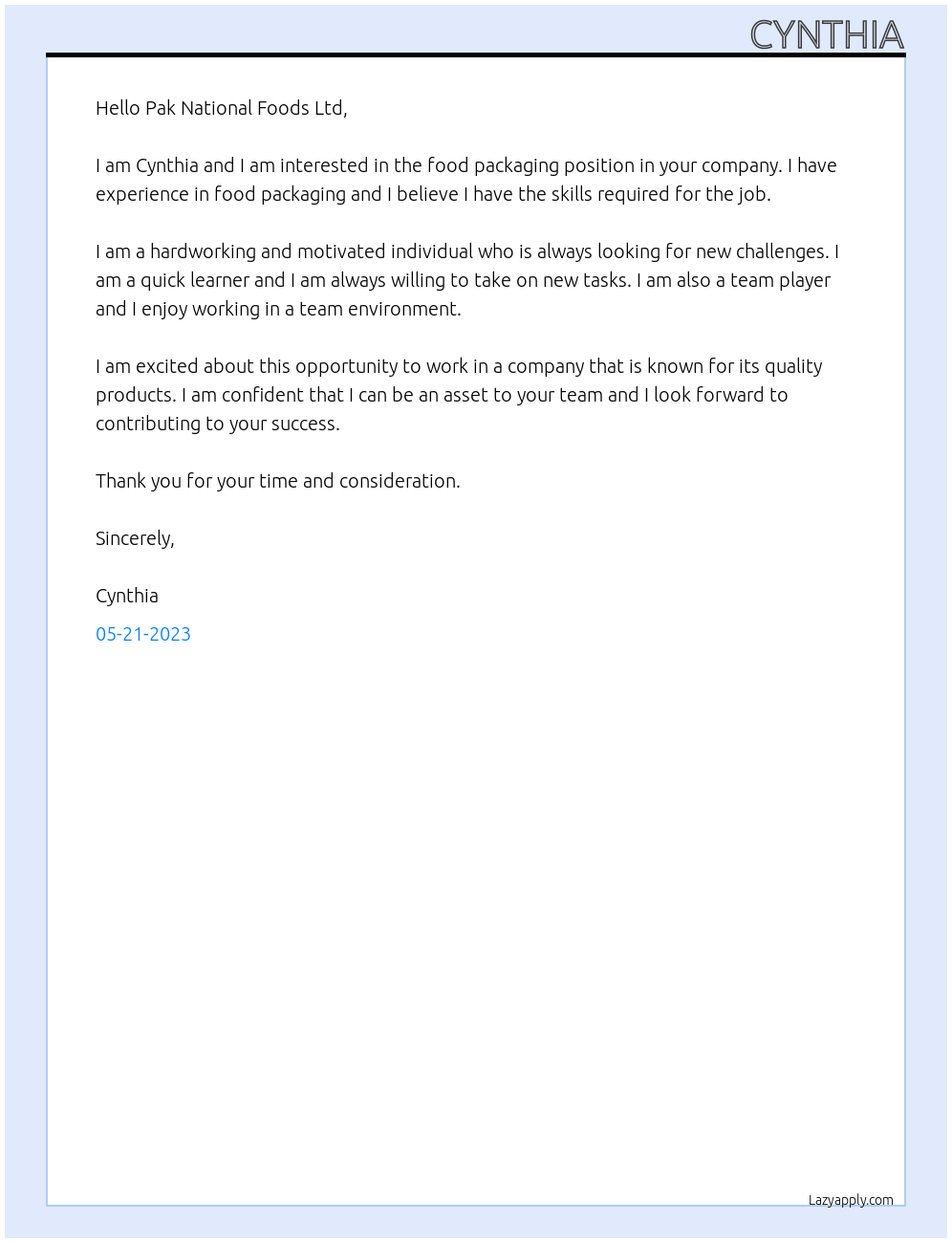 food packaging At Pak National Foods Ltd Cover Letter