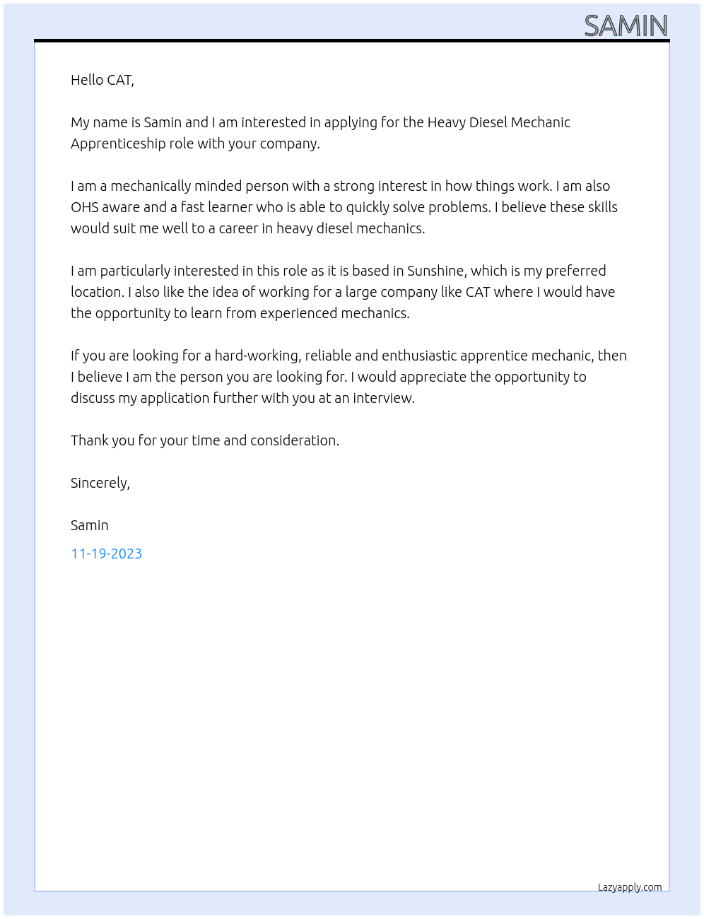 Heavy Diesel Mechanic At CAT Cover Letter