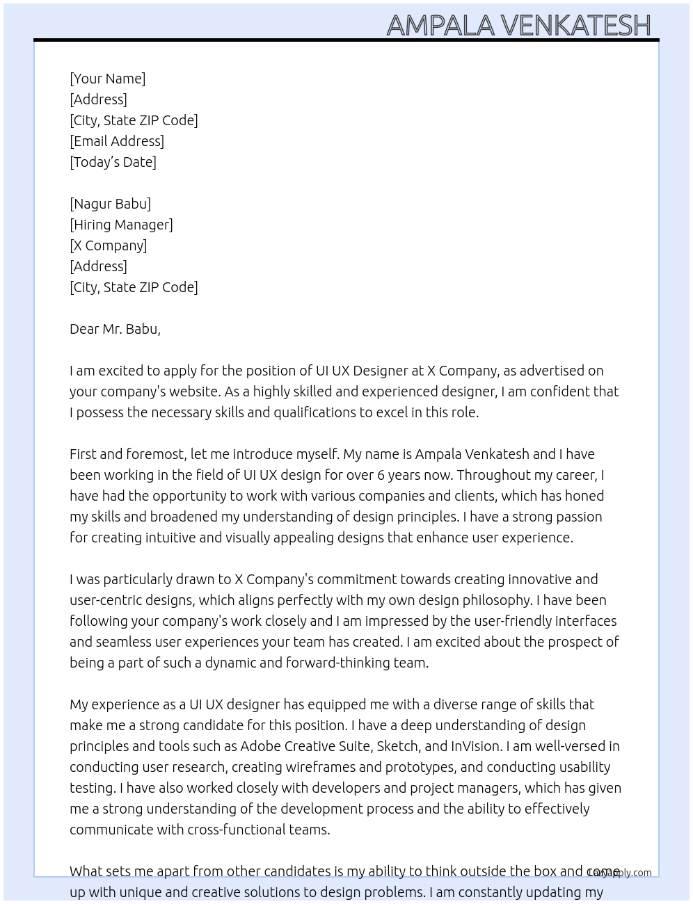 UI UX Designer At X company Cover Letter