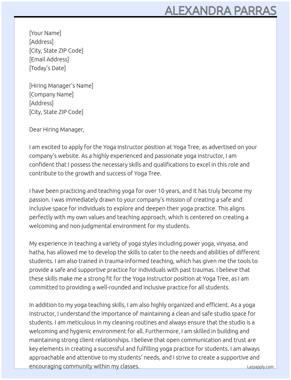 Yoga Instructor At Yoga Tree Cover Letter