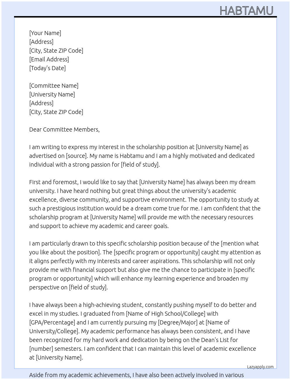 scholarship At University Cover Letter