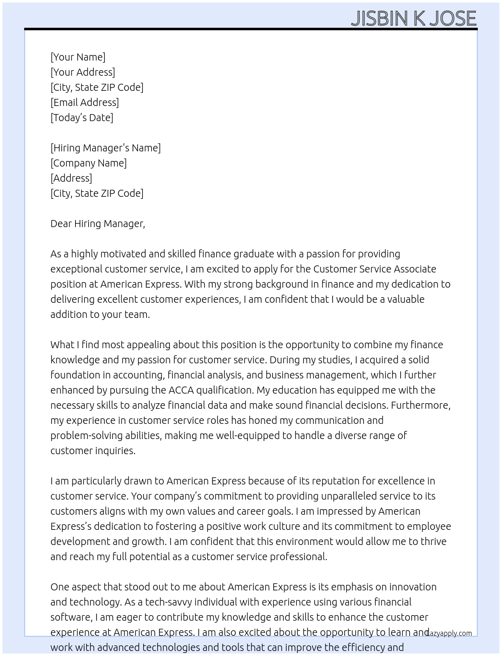 Customer service Associate At American Express Cover Letter