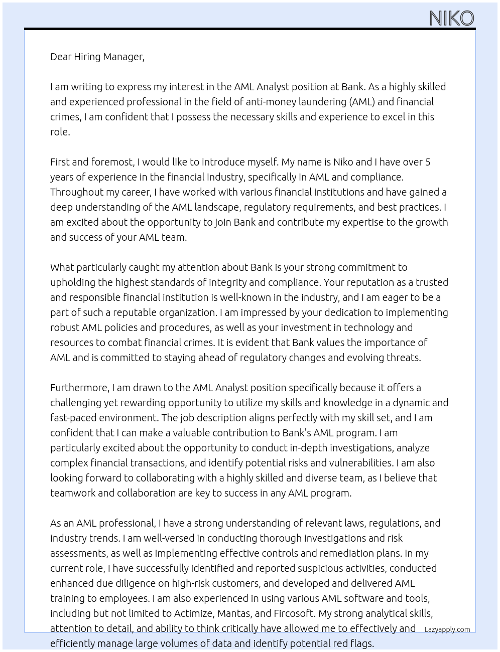 AML Analyst At Bank Cover Letter