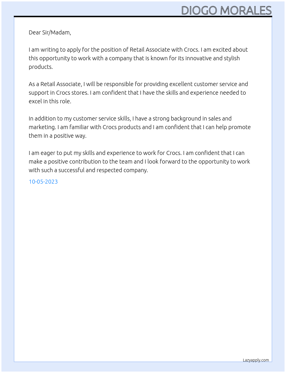 Retail Associate  At Crocs Cover Letter