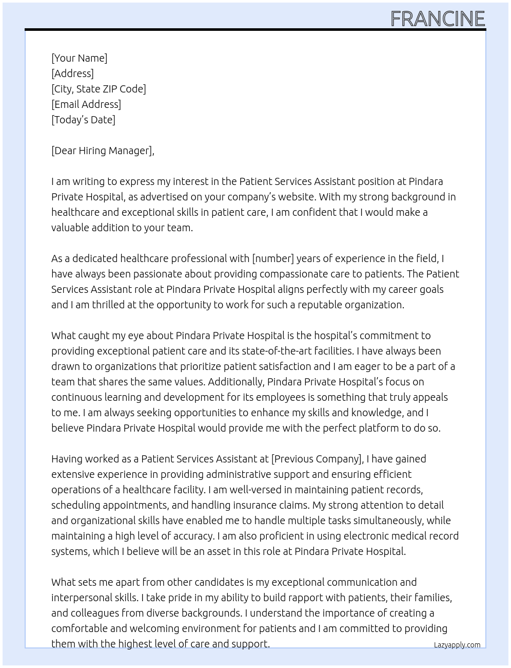 Patient Services Assistant At Pindara Private Hospital Cover Letter