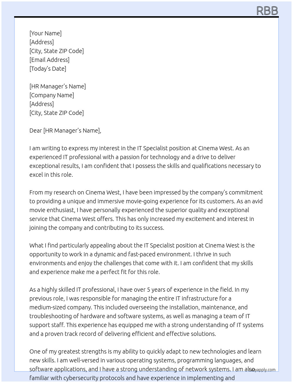 it specialist At cinema west Cover Letter