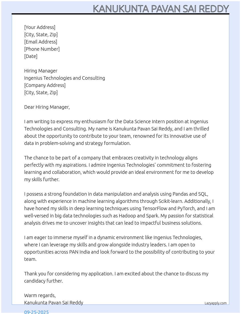 DATA SCIENCE INTERN At Ingenius Technologies and Consulting Cover Letter