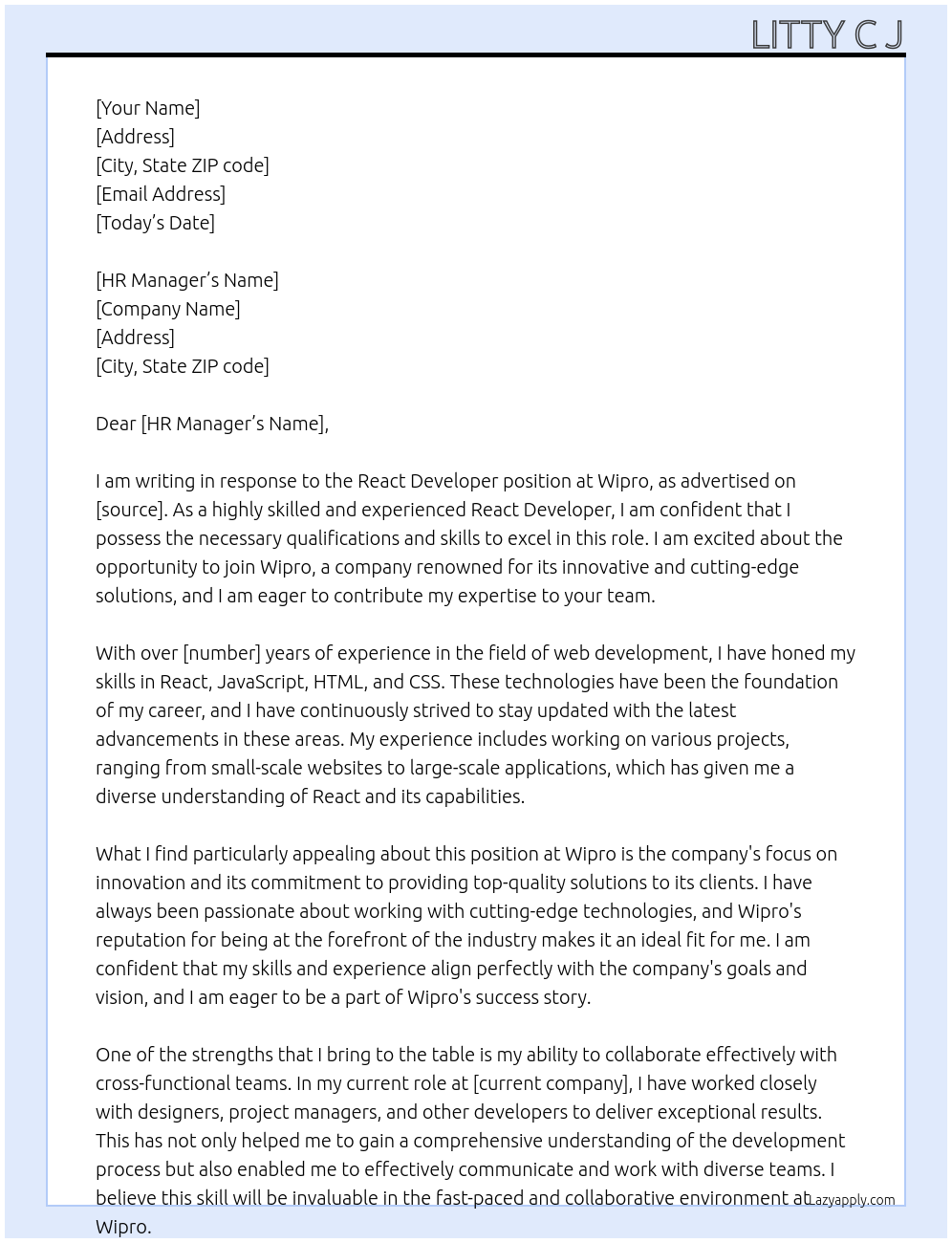 React Developer At Wipro Cover Letter