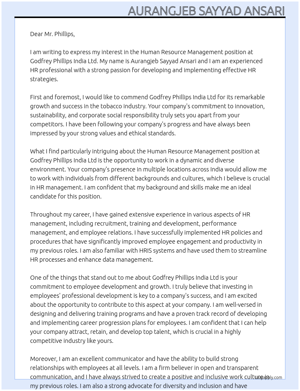 Human Resource management At Godfrey Phillips India Ltd Cover Letter