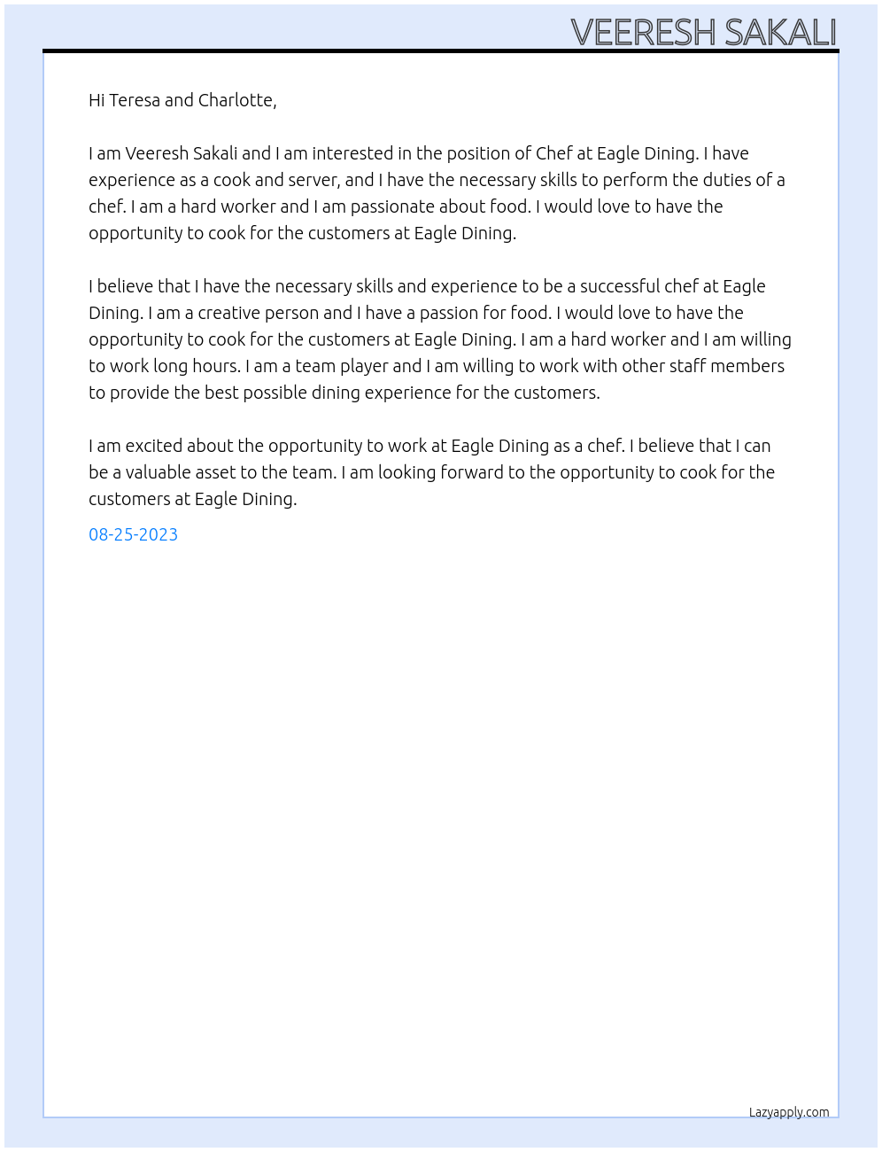 Chef At Eagle Dining Cover Letter