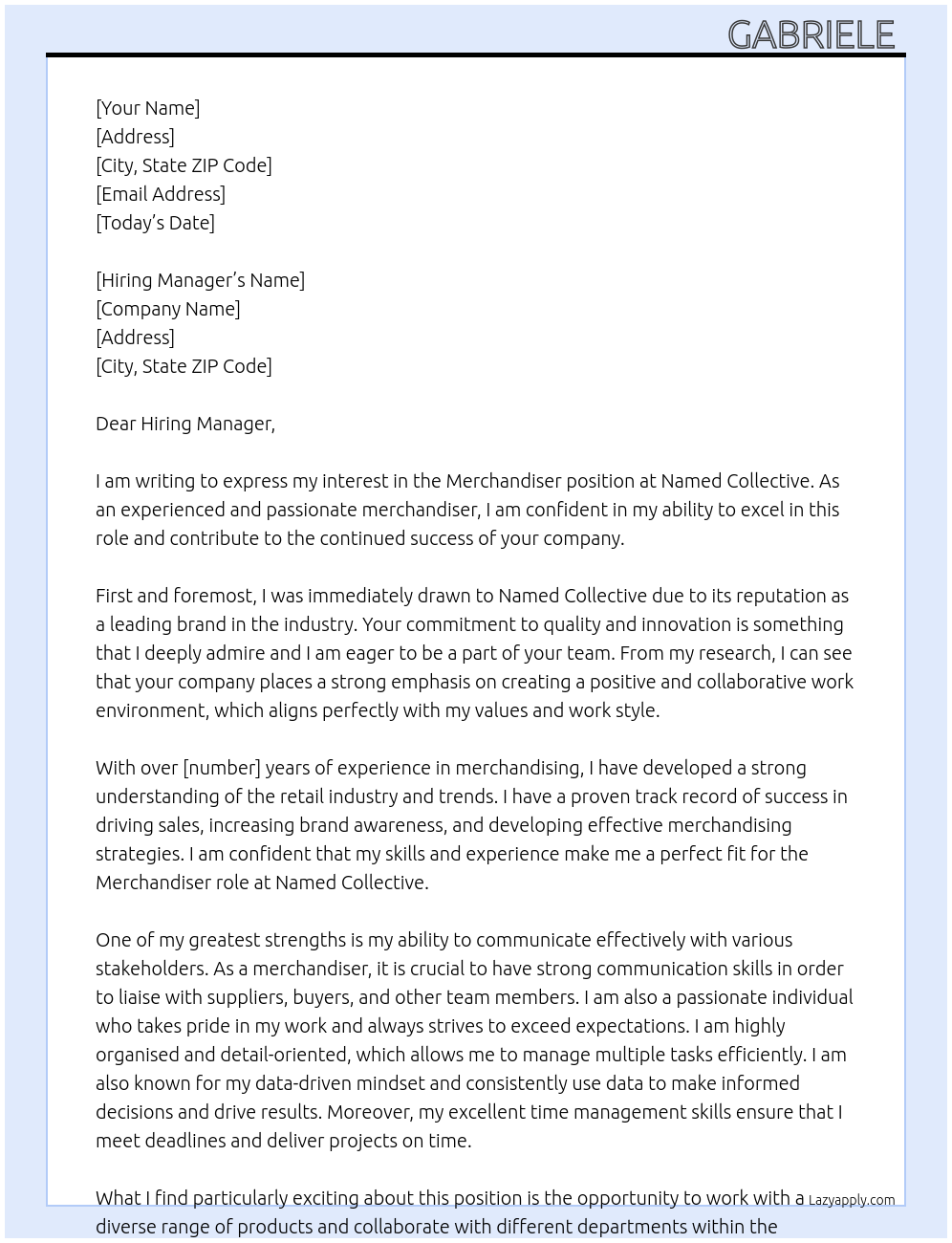 Merchandiser At Named Collective Cover Letter