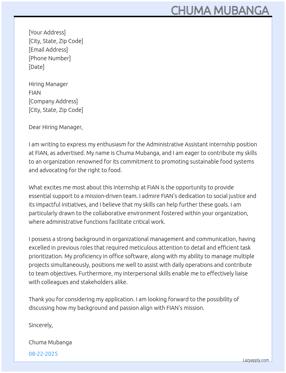 Administrative Assistant At FIAN Cover Letter