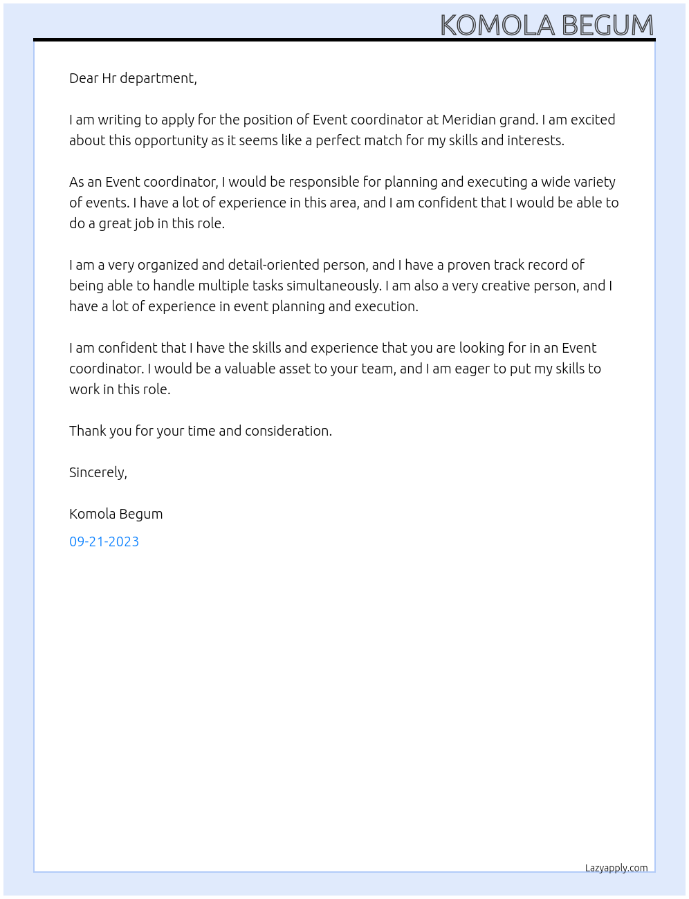 Event coordinator At Meridian grand Cover Letter