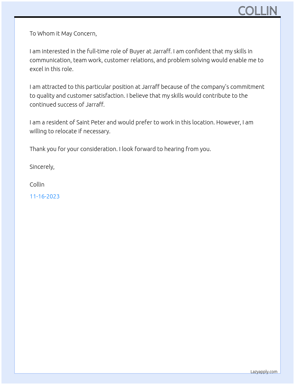 Buyer  At Jarraff  Cover Letter