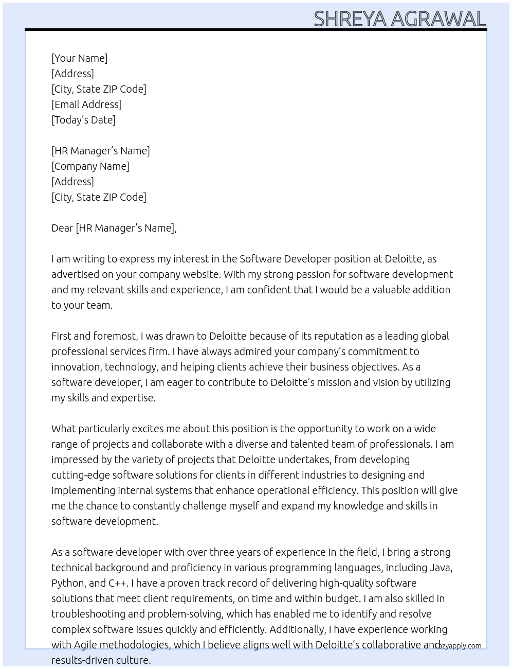 Software devloper At deloitte Cover Letter