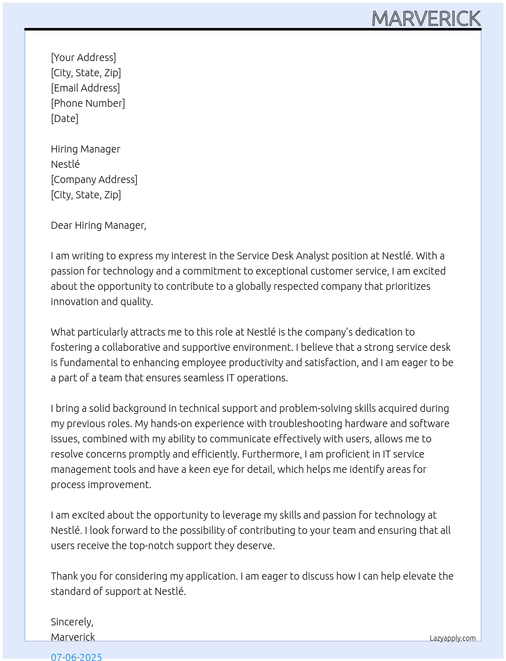 Service desk analyst At Nestle Cover Letter