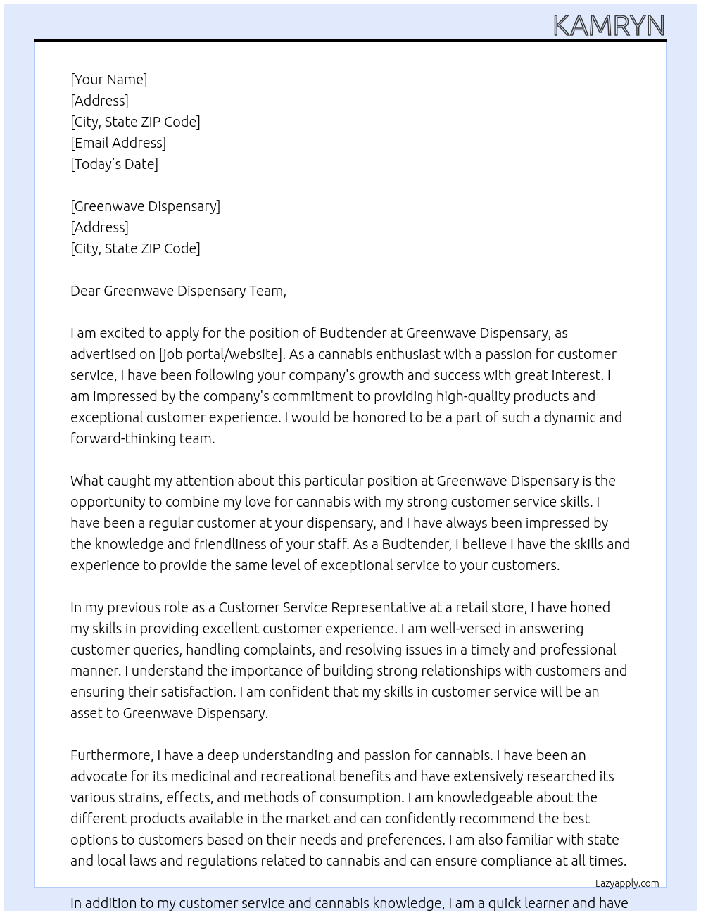 Budtender At Greenwave Dispensary Cover Letter