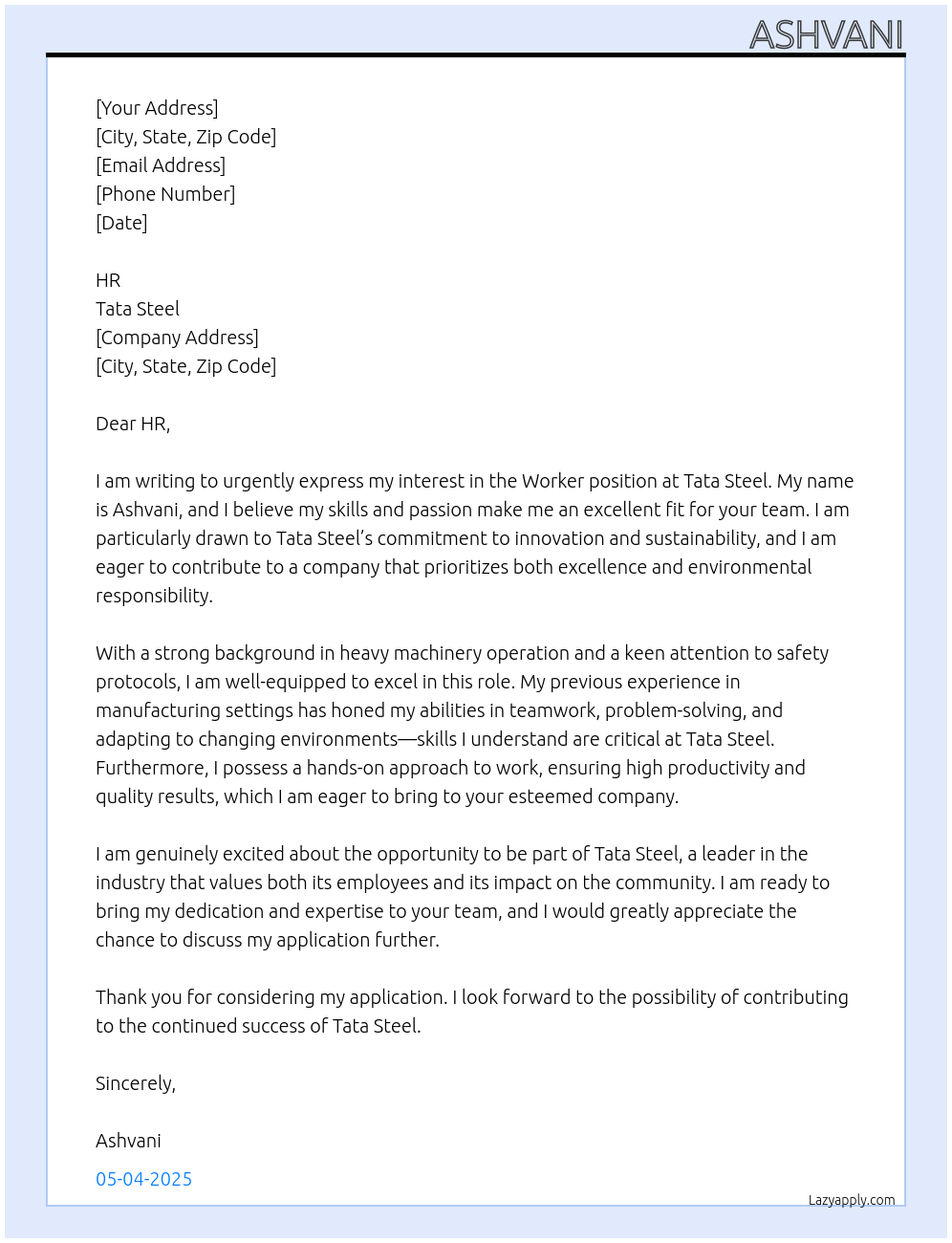 Worker At Tata Steel Cover Letter