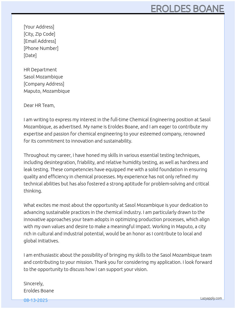 Cover letter for chemical engineering - LazyApply