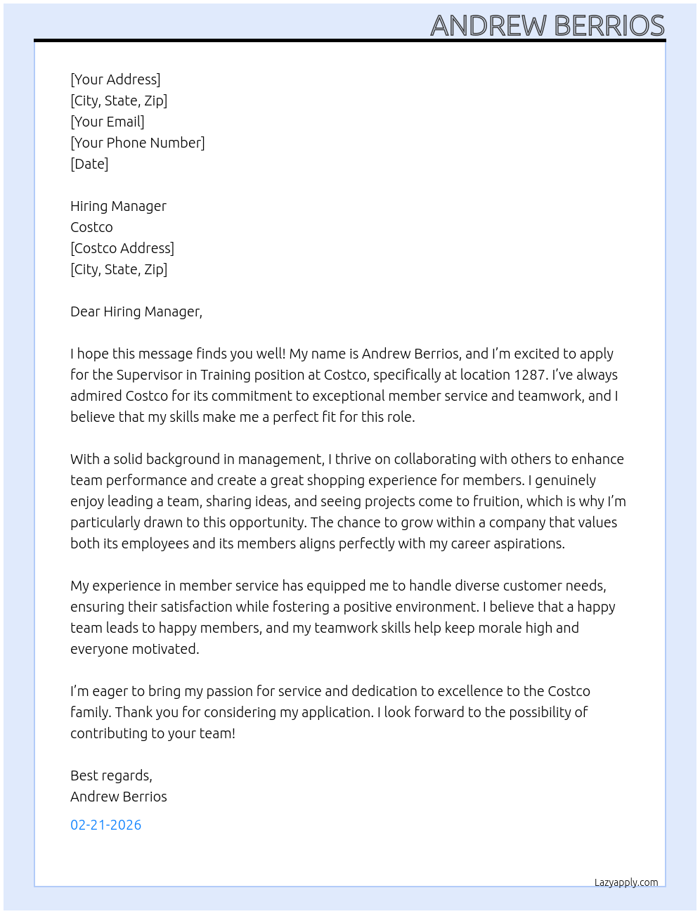 Supervisor In Training  At Costco Cover Letter