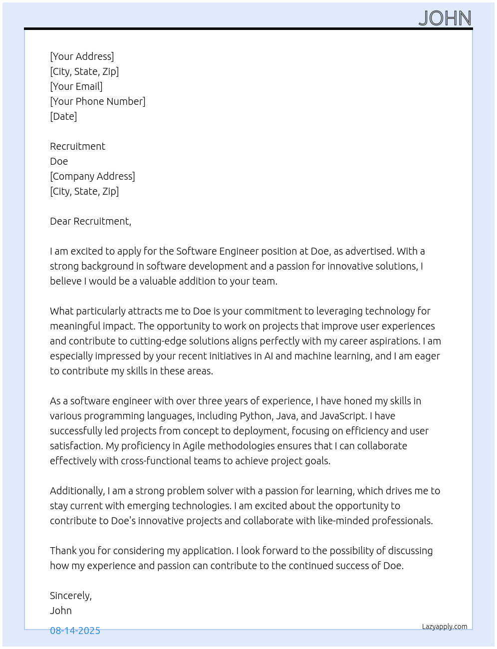 Software Engineer At Doe Cover Letter