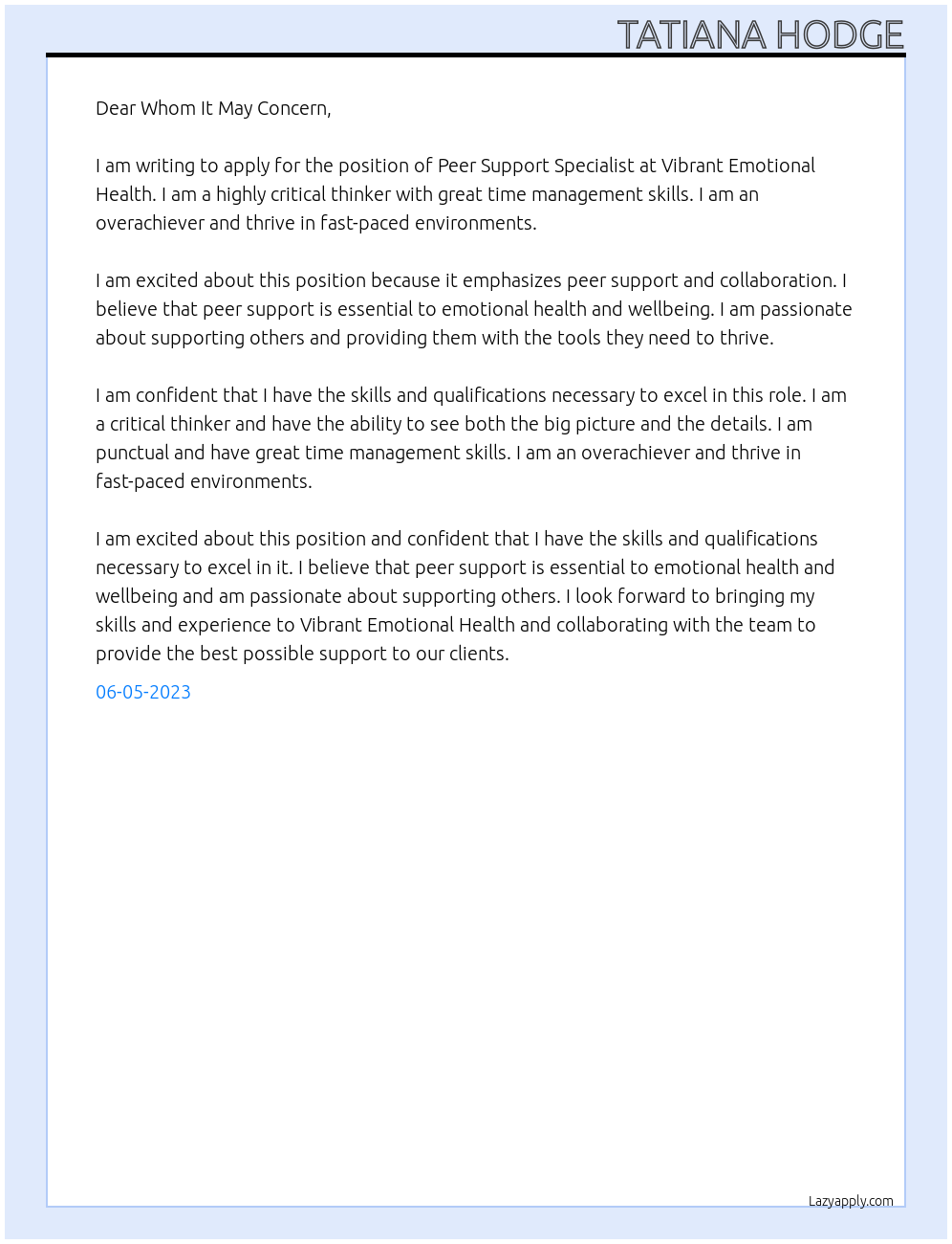 Peer Support Specialist  At Vibrant Emotional Health Cover Letter