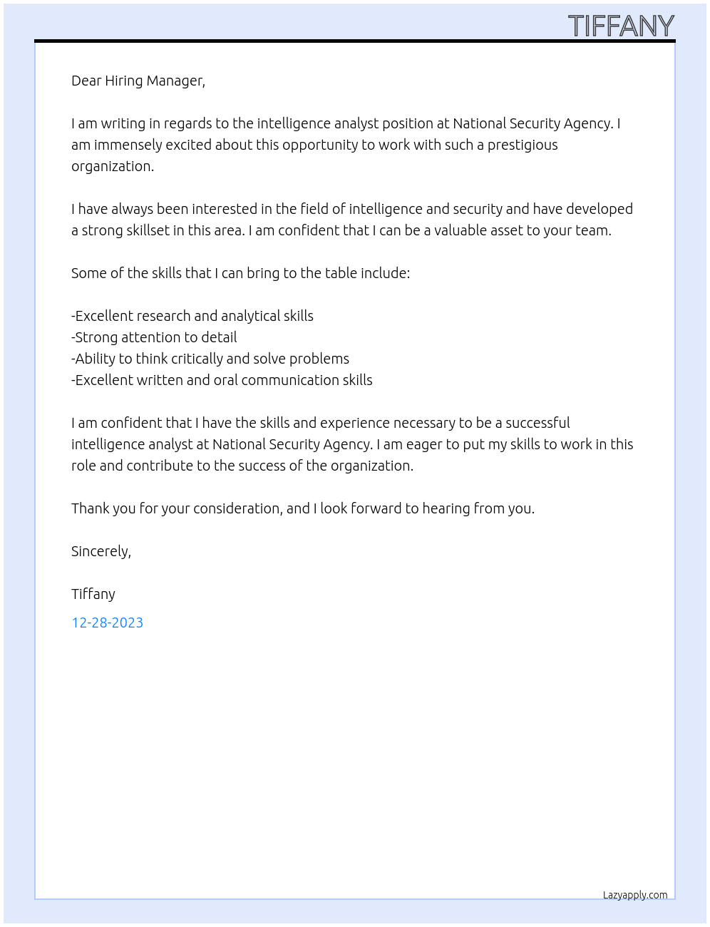 Intelligence analyst At National Security Agency  Cover Letter