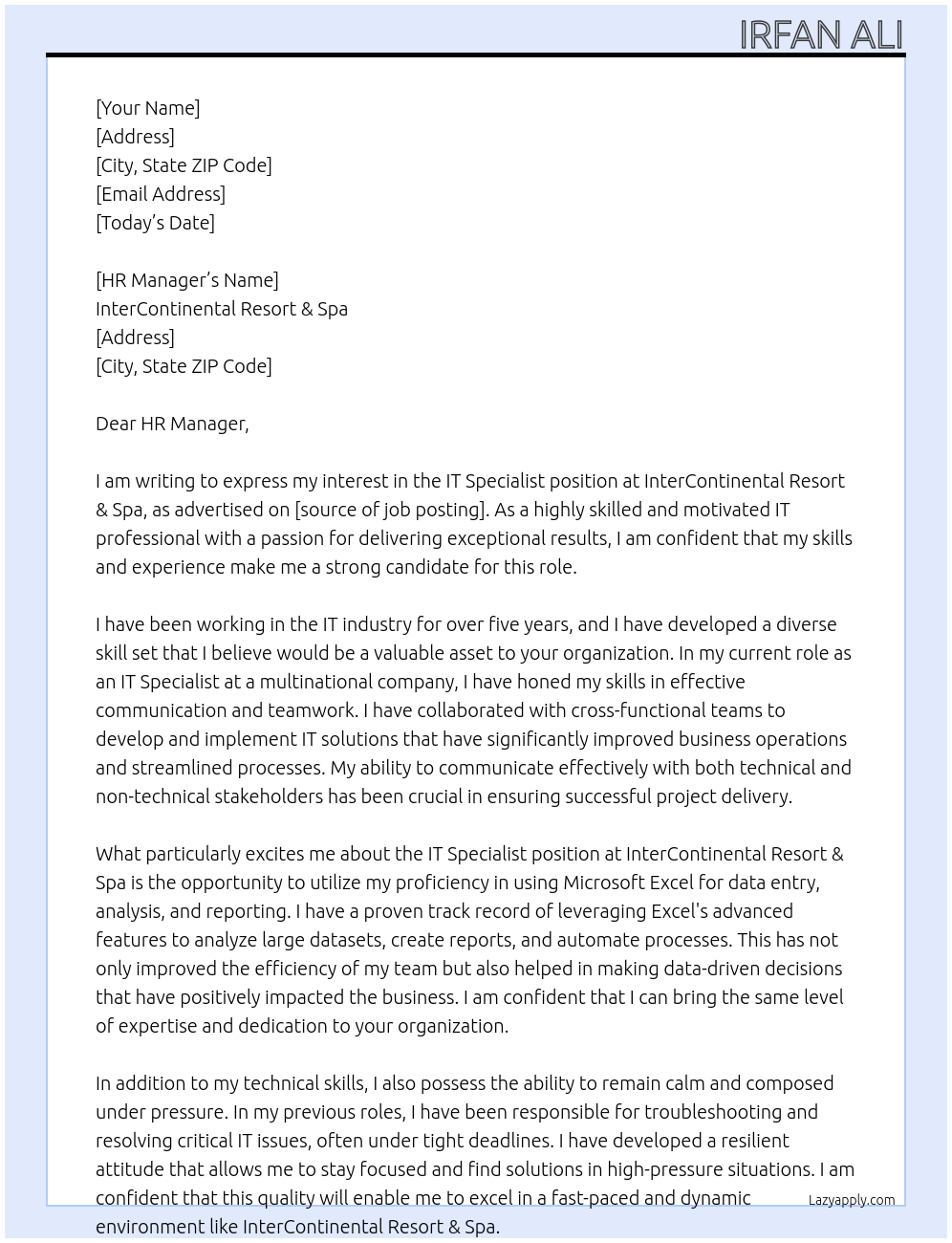 IT Specialist At InterContinental Resort & Spa Cover Letter