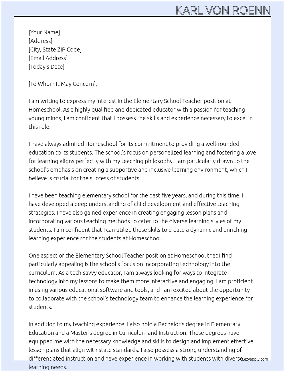Elementary School Teacher At Homeschool Cover Letter