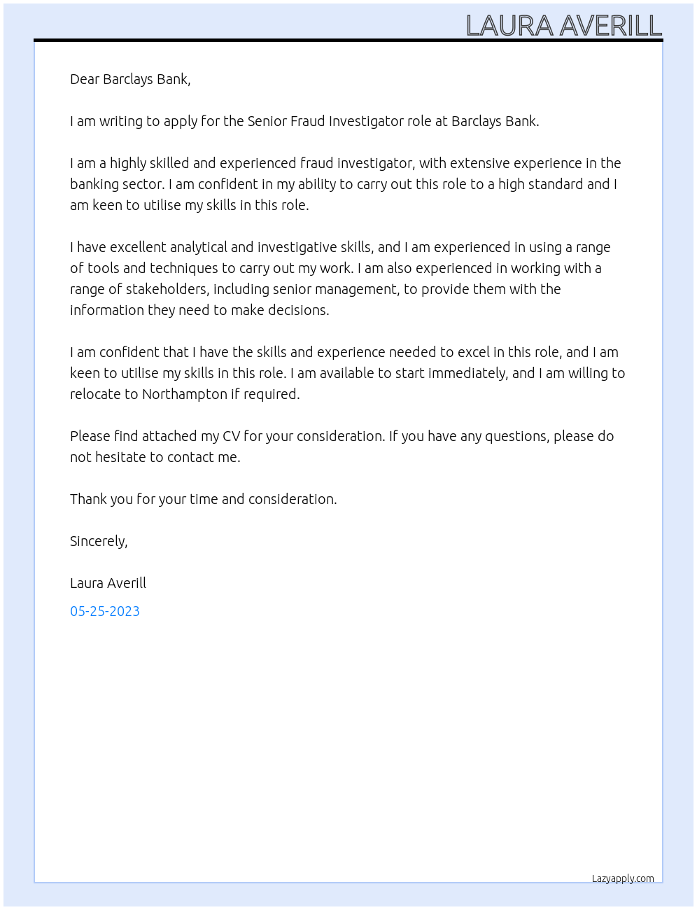 Senior fraud investigator At Barclays Bank Cover Letter