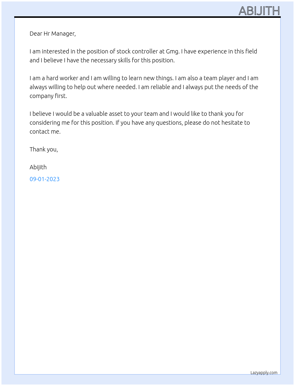 Stock controller At Gmg Cover Letter