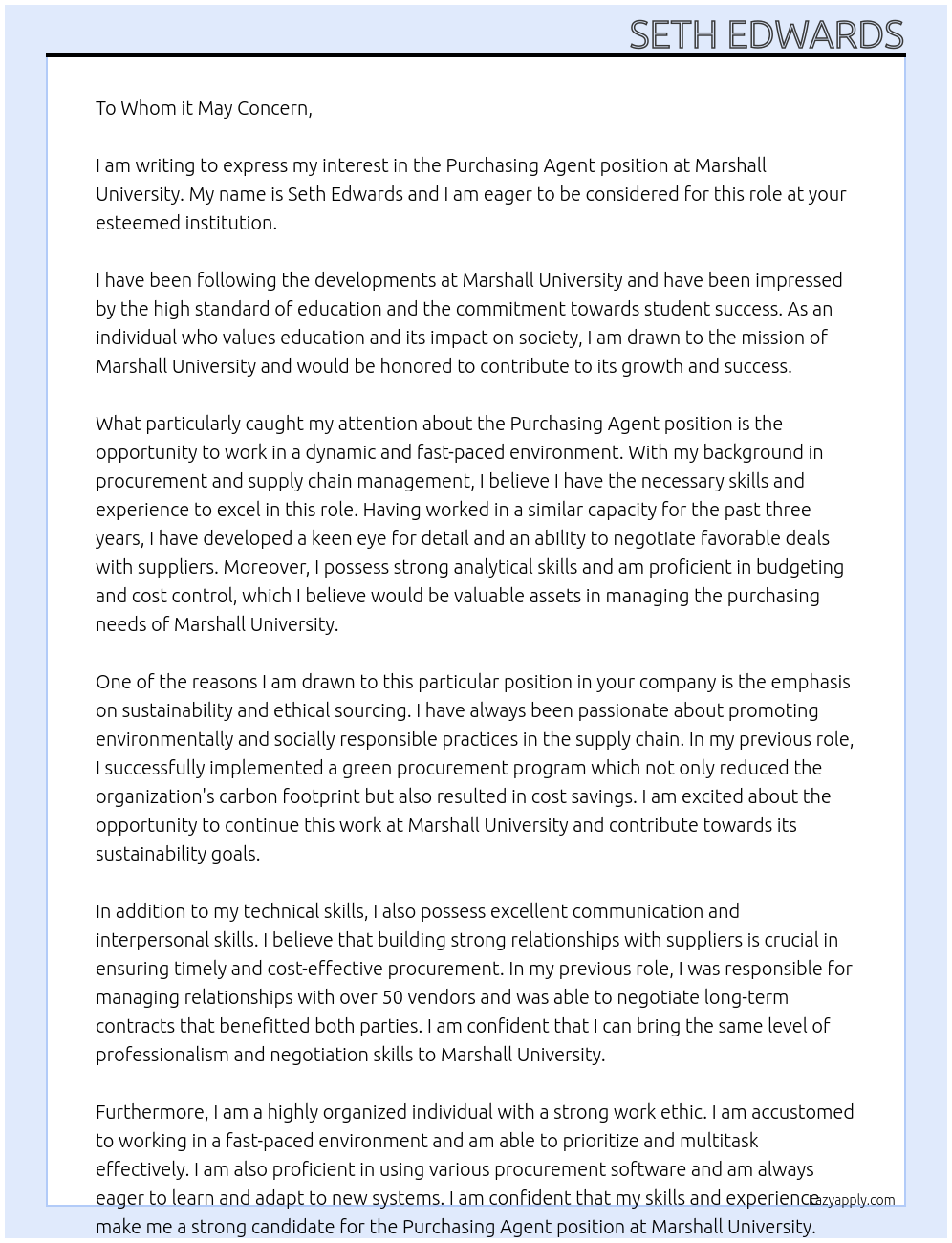 Purchasing Agent At Marshall University Cover Letter