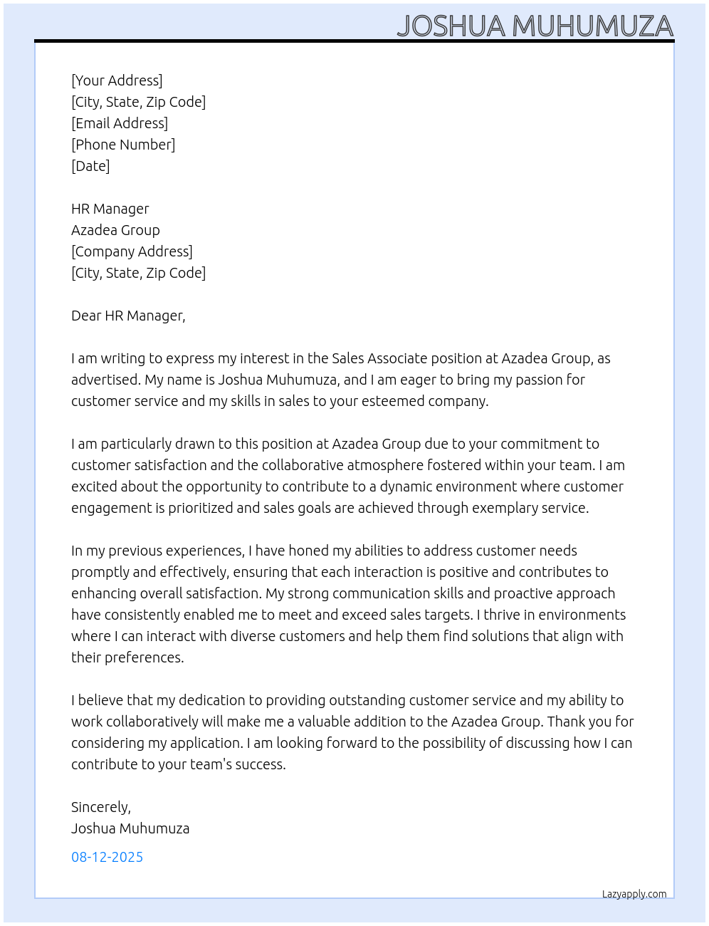 sales associate At azadea group Cover Letter