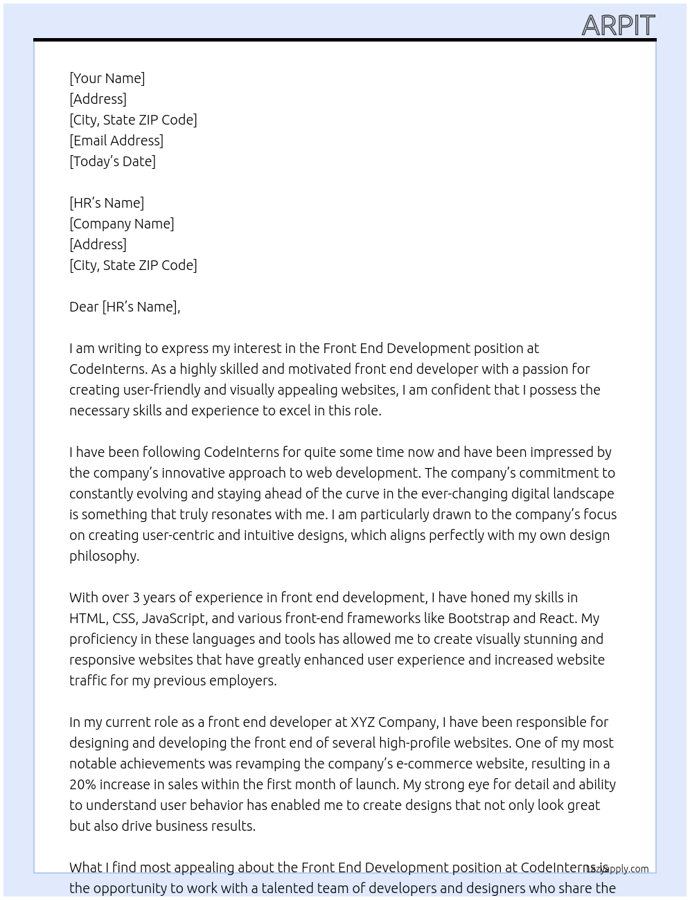 Front End Development At CodeInterns Cover Letter