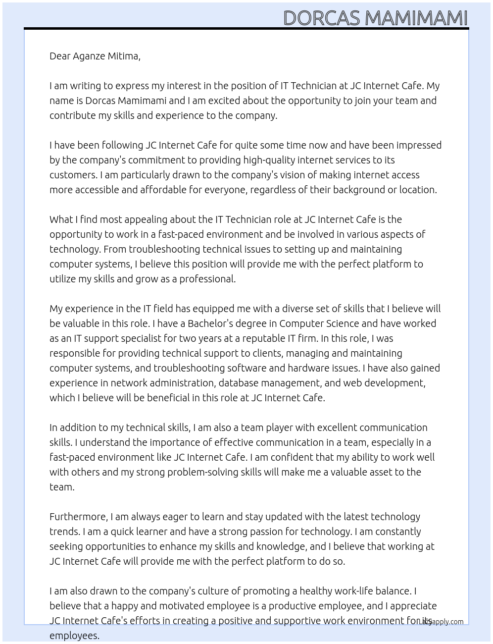 IT Technician At JC INTERNET CAFE Cover Letter