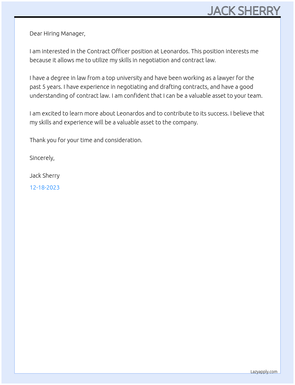 Contract Officer At Leonardos Cover Letter