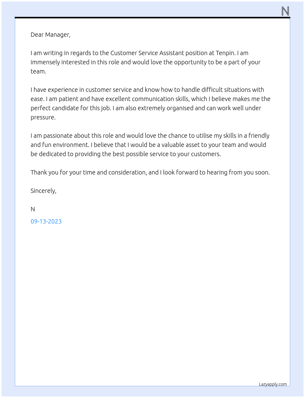 Customer Service Assistant At Tenpin Cover Letter