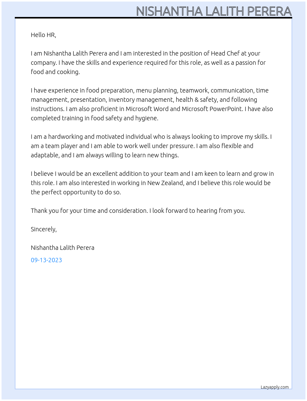 Head Chef At Company Cover Letter