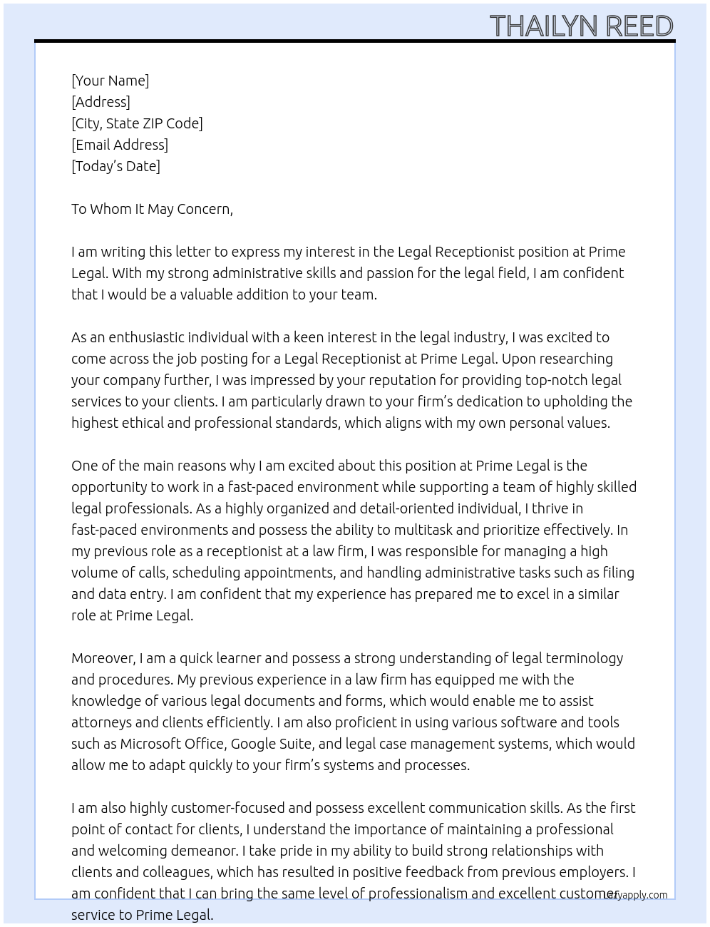Legal Receptionist  At Prime Legal  Cover Letter