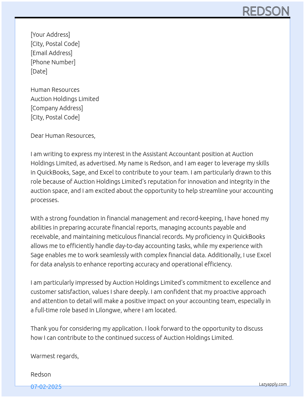 Assistant Accountant At Auction Holdings Limited Cover Letter