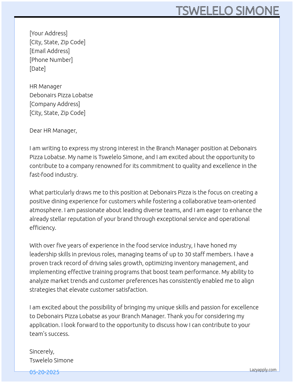 Branch Manager At Debonairs Pizza Lobatse Cover Letter