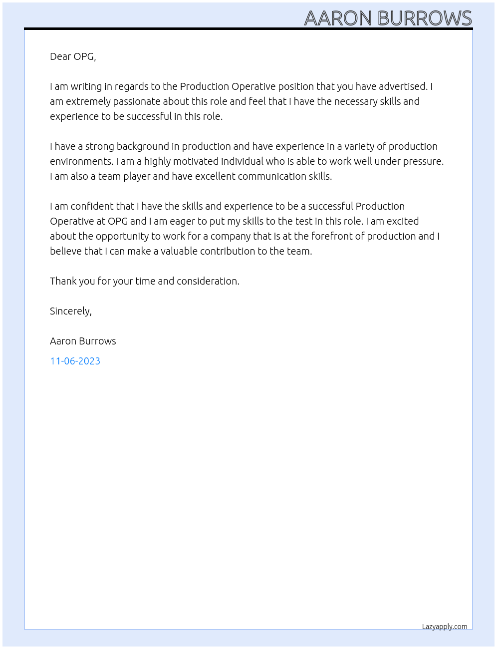 Production Operative At OPG Cover Letter