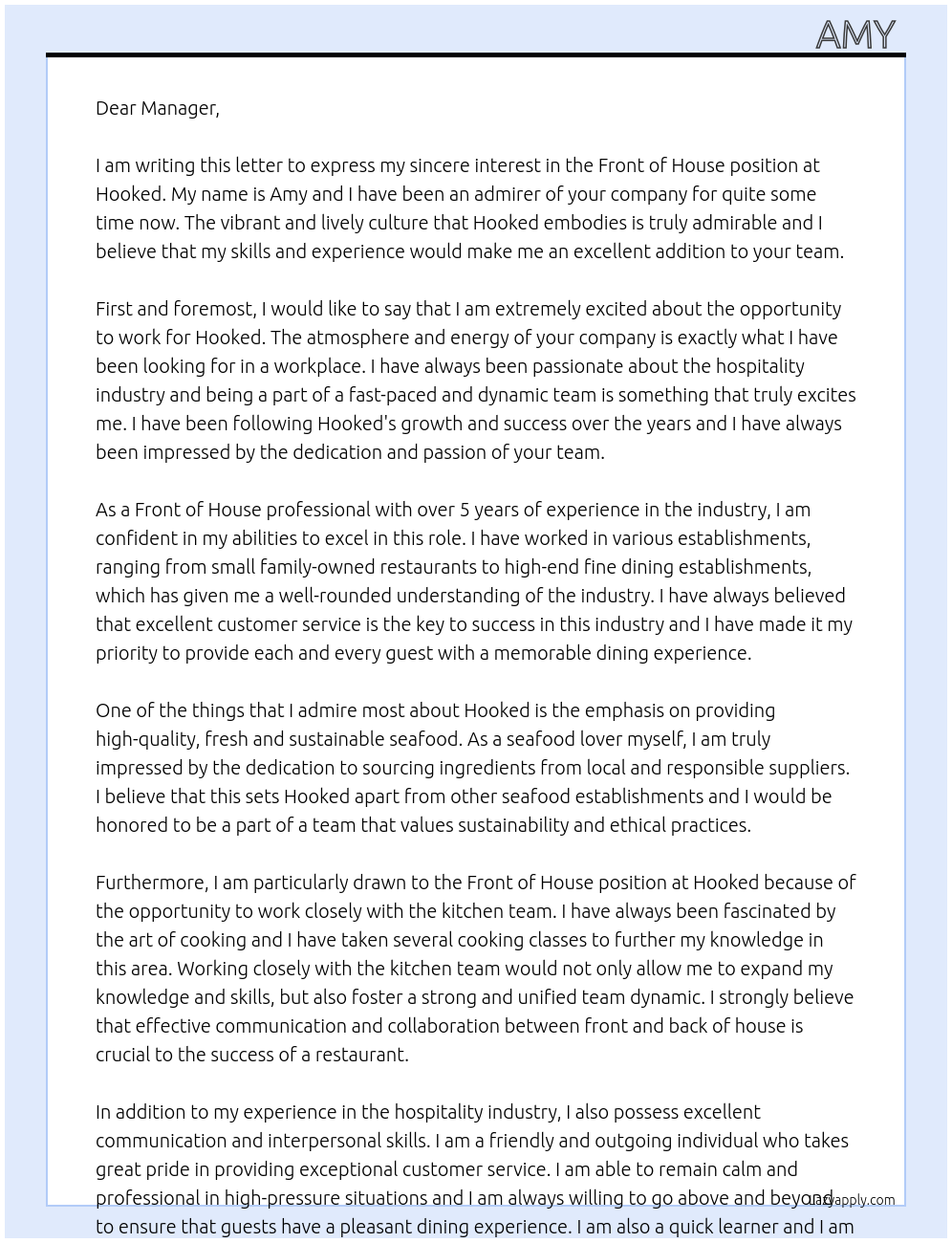 Front of House At Hooked Cover Letter