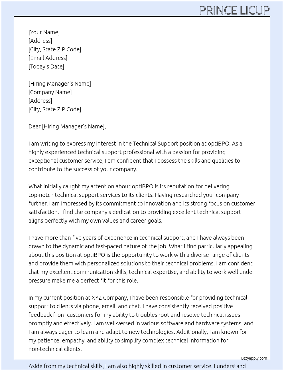 Technical Support At optiBPO Cover Letter