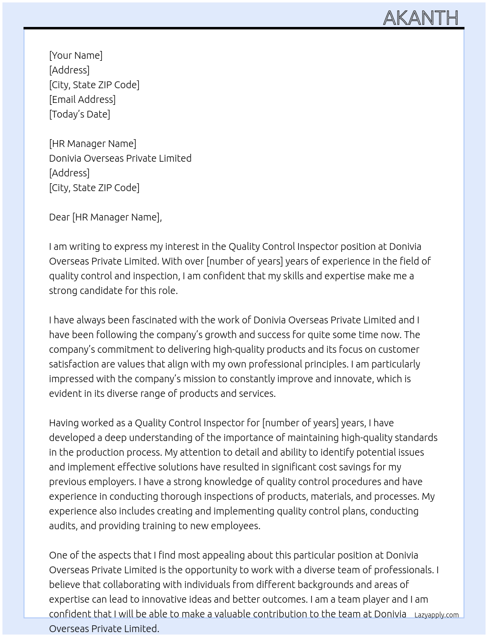 Quality control inspector At Donivia overseas private limited Cover Letter