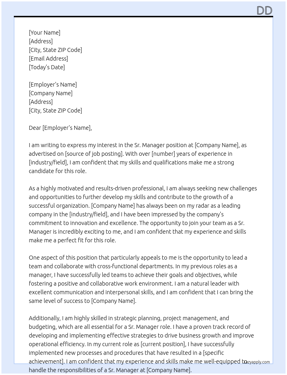 Sr. Manager  At dd Cover Letter