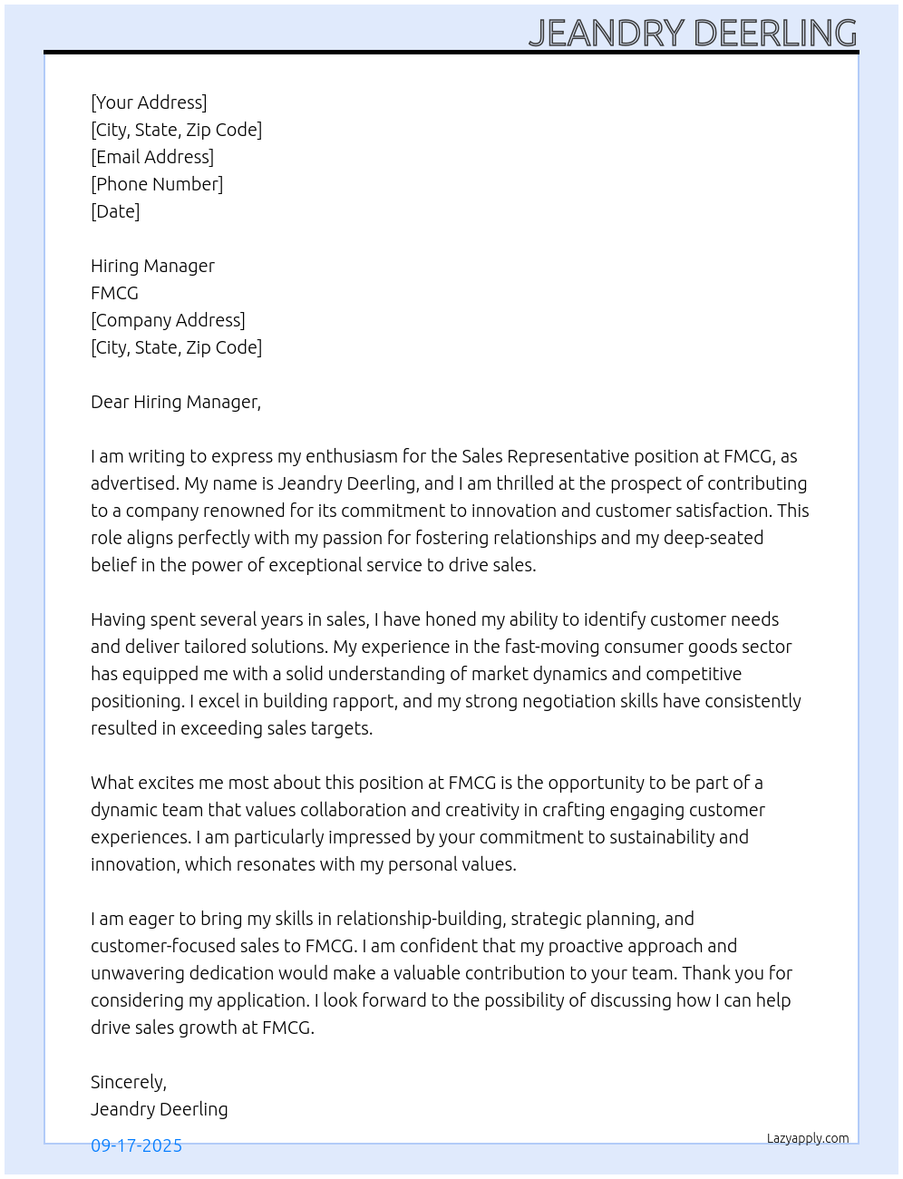 Sales Representative At FMCG Cover Letter