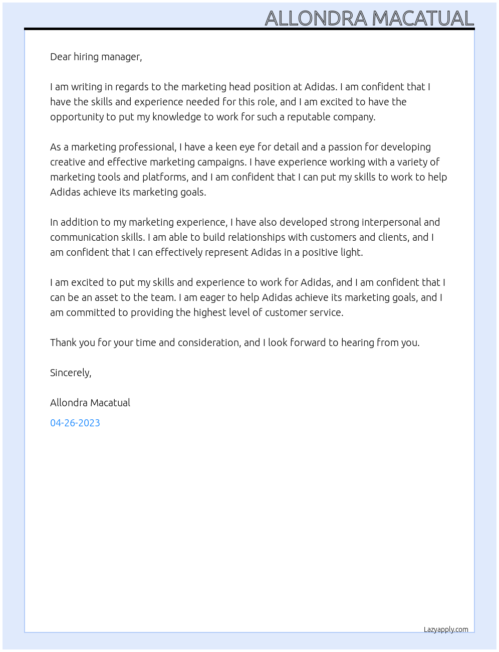 Marketing head At Adidas  Cover Letter