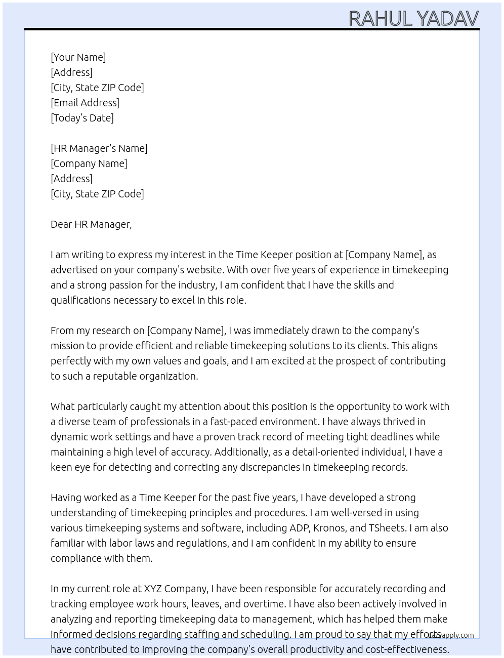 Time keeper At ggggggg Cover Letter